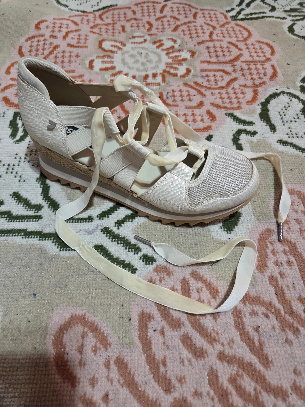 Lace-Up Espadrille Wedge Sandals - Cream